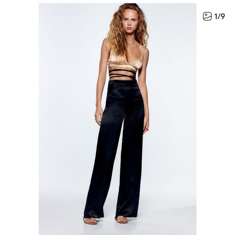 Zara satin effect high waisted pants with waist ties - Picture 1 of 5